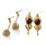 A Pair of 9 Carat Gold Garnet Drop Earrings, with post fittings, length 3.9cm; and Another Pair,