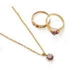 A 9 Carat Gold Ruby and Diamond Cluster Pendant on Chain, pendant length 1.2cm, chain length 45.7cm;