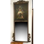 A Gilt Framed Mirror, 19th century, the rectangular mercury plate below an oil still life of flowers