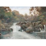 Manner of William Mellor (1851-1931)Riparian landscape with waterfallOil on canvas, 37.5cm by 53cm