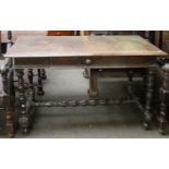 An 18th Century Oak Hall Table, on turned and block supports, 124cm by 57cm by 79cmOld repair to the