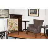 An Upholstered Nursing Chair, A Tilt-Top Tripod Table, Wine Table, Firescreen, A George III Corner