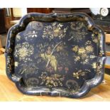 A Victorian Lacquered Papier Mache Serving Tray, painted and gilded with flowers, 75cm wide,