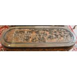 A 20th Century Chinese Carved Hardwood Coffee Table, decorated with figures in a landscape, 154cm by