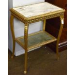 A French 19th Century Marble Top Giltwood Two-Tier Table, with carved decoration, 58cm by 40cm by