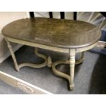 A French Style Painted Hall Table, with marble top, 150cm by 80cm by 78cmThe marble top is not