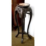 A Chinese Carved Hardwood Jardiniere Stand, 19th century, with marble inset top with carved and