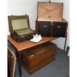 A Pine Blanket Box, A Domed Linen/Steamer Trunk and Two Cases