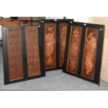 A Group of Six Embossed Leather Panels, decorated with Art Nouveau motifs, framed as three, 18cm