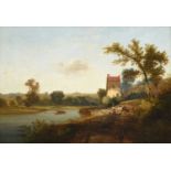 Norwich School (19th century) River landscape with figures resting by the roadside Oil on canvas,