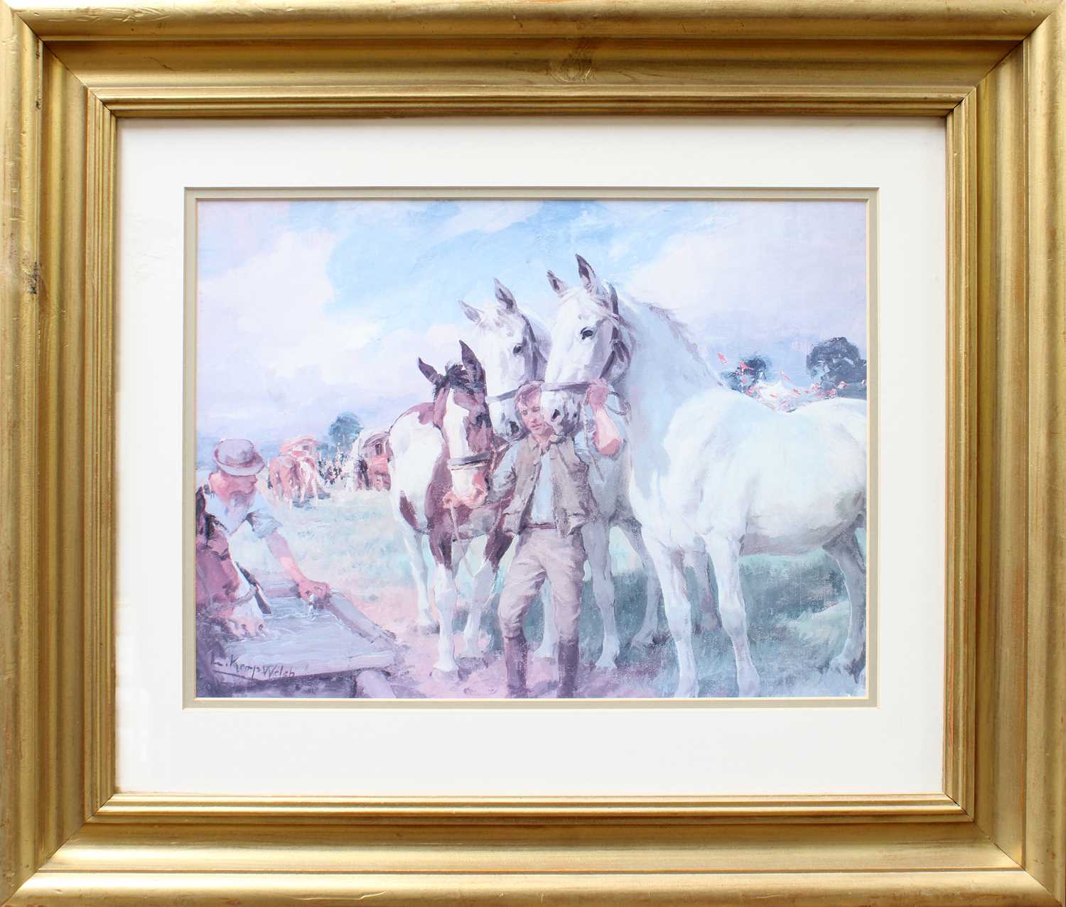 Wallis Jones (20th Century)Figures and horses fording a stream and figure fishing on a bridge before - Image 5 of 8