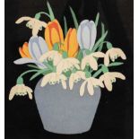 John Hall Thorpe (1874-1947)Crocus and Snow Drops in a Blue glazed vaseSigned in pencil, woodblock
