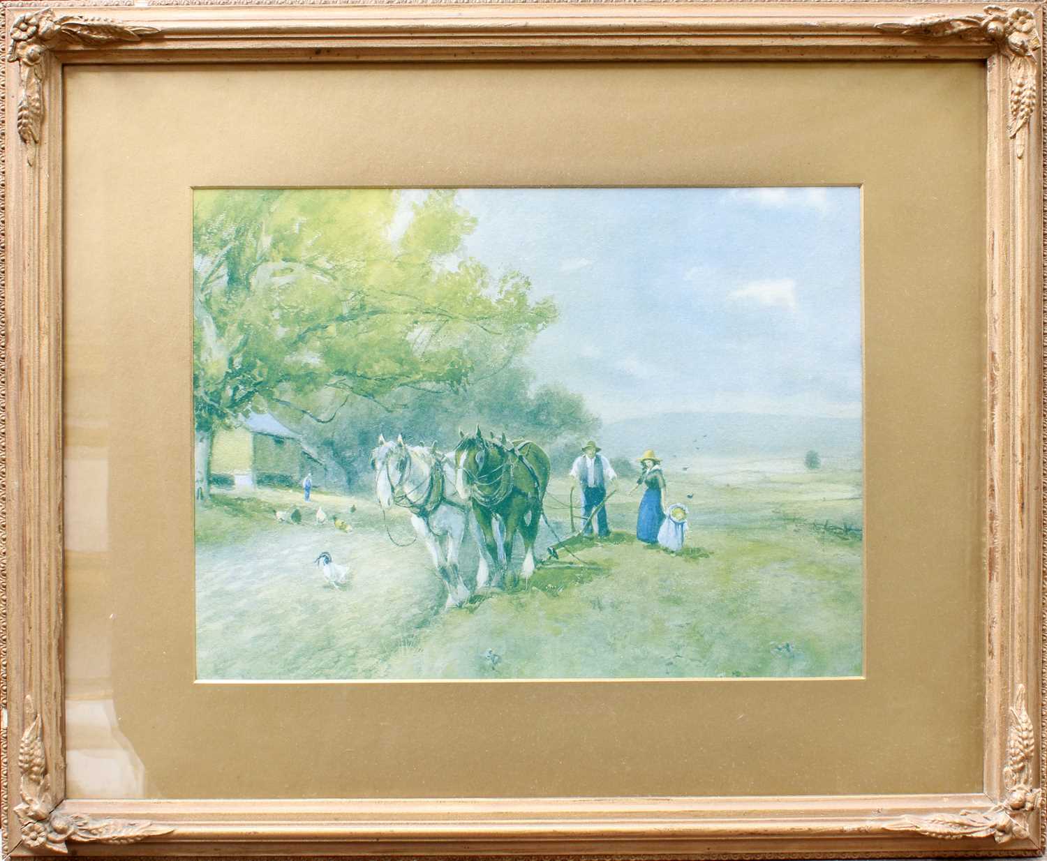 Wallis Jones (20th Century)Figures and horses fording a stream and figure fishing on a bridge before - Image 6 of 8