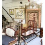 A Victorian Brass Half Tester Bed, with deep buttoned headboard, 137cm by 210cm by 240cm