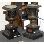 A Pair of Neo-Classical Patinated Metal Campana Urns, each twin-handled with part gadrooned bodies
