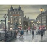 Steven Scholes (b.1952)"Piccadilly London, 1962"Signed, inscribed verso, oil on canvas, 39.5cm by