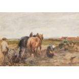 John Atkinson (1863-1924)Plough team of horses and potato pickersSigned, pencil and watercolour