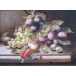 Attributed to Oliver Clare (1853-1927)Still life of plums, grapes, peaches and raspberries on a