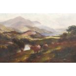 Henry Robinson Hall (1859-1927)"Highland cattle, River Teith, Lochs Achray and Venachar" Signed,