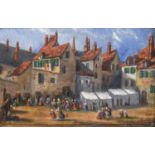 Continental School ( 19th century)Figures in a town squareIndistinctly initalled, oil on panel, 10cm