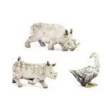 Dillon Rudge (1969-): Two Raku Slipcast Rhinos, both monogrammed DR and dated 95, 46cm and 38cm