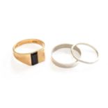 A 9 Carat Gold Signet Ring, finger size S1/2; An 18 Carat White Gold Band Ring, finger size Q1/2;