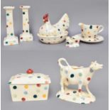 Emma Bridgewater, coloured spot design items to include; pair of candlesticks, hen egg basket, cow