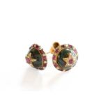 A Pair of Synthetic Ruby, Diamond and Bloodstone Earrings, unmarked, with post fittingsThe