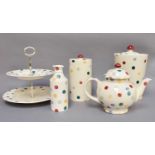 Emma Bridgewater, coloured spot design items to include; biscuit barrell (cover a.f), teapot, milk
