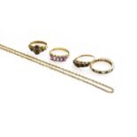 A 9 Carat Gold Chain, length 40.5cm; together with Four 9 Carat Gold Gem Set Ring, including an