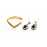 An 18 Carat Gold Diamond Wishbone Ring, finger size L; and A Pair of Sapphire and Diamond Drop