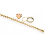 A 9 Carat Gold Trace Link Bracelet, length 19.5cm; together with Three Rings, including a cameo