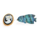 A 9 Carat Gold Opal Triplet Fish Brooch, measures 4.2cm by 2cm; and A 9 Carat Gold Onyx Cameo