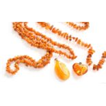 Two Amber Type Necklaces, lengths 61cm and 192cm approximately; and Two PendantsGross weight 156.6