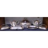 A Circa 1820 Silver Plated Meat Cover, three plated entre dishes, coffee pot, and teapot
