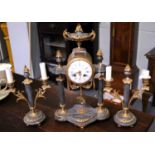 A French Grey Marble Striking Mantel Clock Garniture, circa 1900