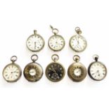 A Gun Metal Omega Pocket Watch, four silver pocket watches stamped 0.935, 0.925 and 0.800, Cyma GSTP