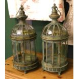 A Pair of 19th Century Style Lanterns, the patinated metal with added vert de gris, 61cm h61cm by