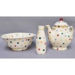 Emma Bridgewater, coloured spot design items to include; an oversized teapot 28cm high, milk bottle,