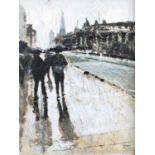 David Coulter (Contemporary)Figures in The RainInitalled, oil on canvas, 39cm by 29cmCheshire Art