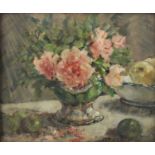 Miss M Dickinson (20th century)Still life of pink roses arranged in a vase and fruit in a