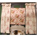 A Pair of Curtains Jane Churchill Fabric Cream Linen With Embroidered Coral Coloured Panels, a blind