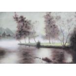 Eustace Liscard (20th Century) Extensive river landscape with mist above the waterSigned, oil on