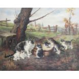 Continental School (20th Century) Cats drinking milk in a landscapeSigned oil on panel; together