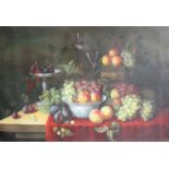 Dutch School (20th century)Still life of assorted fruit, glasses and ceramics on a red table cloth