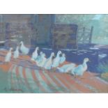 H* Hanson (20th Century)Gaggle of Geese in farmyard Signed, oil on board, 54.5cm by 75cm