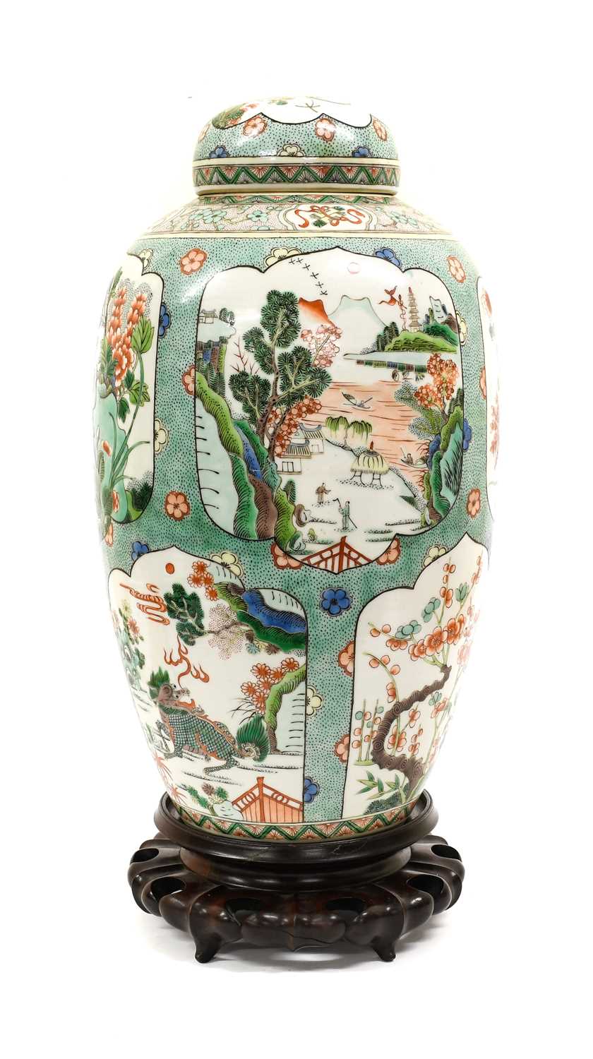 A Chinese Porcelain Vase and Cover, in Kangxi style, of ovoid form, painted in famille verte enamels