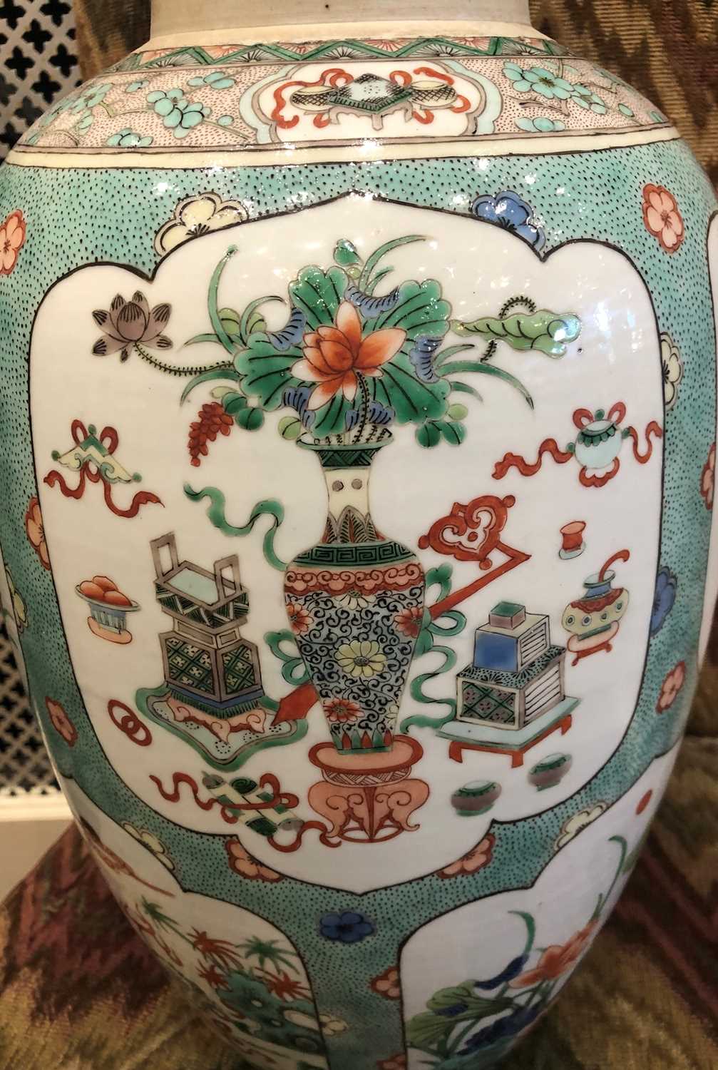 A Chinese Porcelain Vase and Cover, in Kangxi style, of ovoid form, painted in famille verte enamels - Image 8 of 13