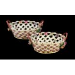 A Pair of Worcester Porcelain Yellow Ground Baskets, circa 1775, of oval form with crabstock