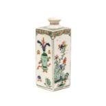 A Chinese Porcelain Flask, Kangxi, of square section with waisted cylindrical neck, painted in